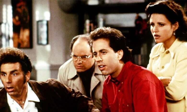 Jerry, George, Elaine, and Kramer, looking surprised in Seinfeld