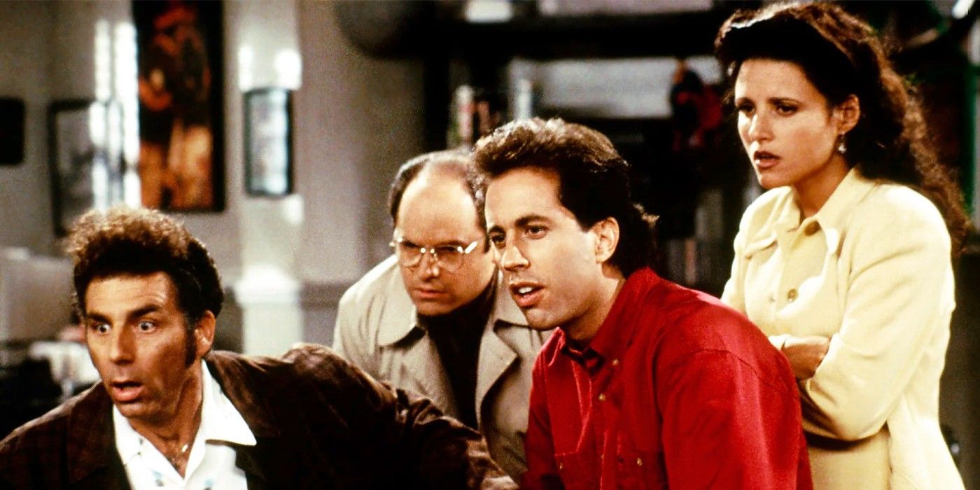 Jerry, George, Elaine, and Kramer, looking surprised in Seinfeld
