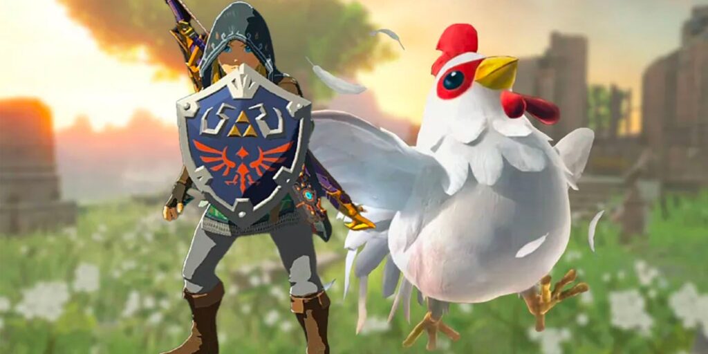 Image of Link holding the Hylian Shield next to a Cucco