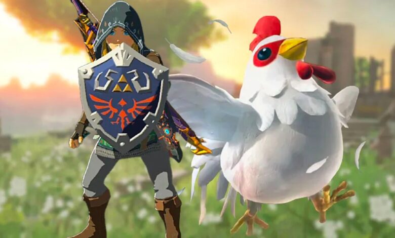 Image of Link holding the Hylian Shield next to a Cucco