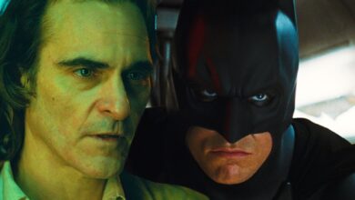 Joaquin Phoenix as Arthur Fleck in Joker and Christian Bale as Batman in Batman Begins
