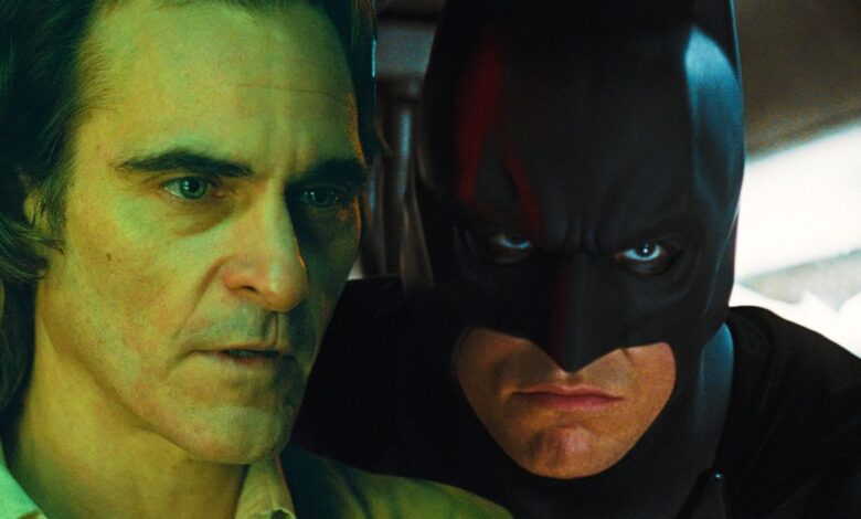 Joaquin Phoenix as Arthur Fleck in Joker and Christian Bale as Batman in Batman Begins
