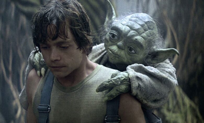 Luke Skywalker, carrying Yoda on his back during his Jedi training