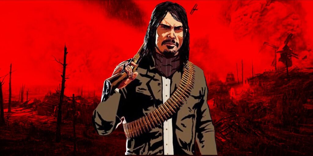 Red Dead Redemption's adult Jack Marston stands against a WW1 battlefield, which has been stylised to look red with high contrast much like the RDR series' promotional images