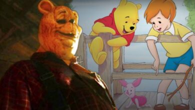 Blended image of Bloody Pooh from Blood and Honey and Christopher Robin with Winnie in Disney movie