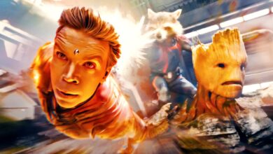 Adam Warlock (Will Poulter) flies into battle alongside Rocket (Bradley Cooper) and Groot (Vin Diesel)
