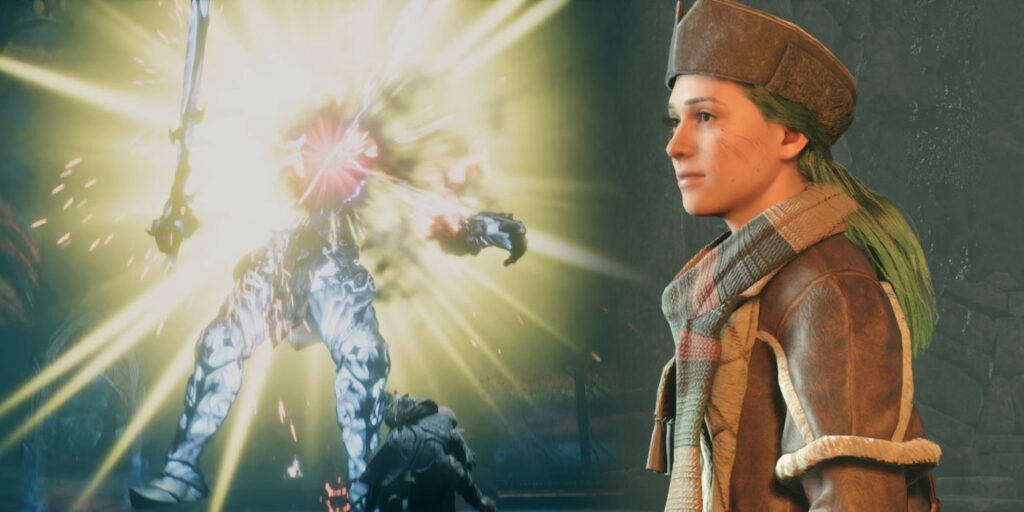 A pensive guardian exploding in a flash of yellow light as a Hogwarts Legacy player with green hair looks on to the right.