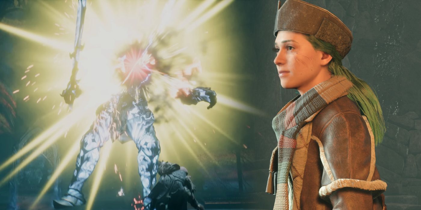 A pensive guardian exploding in a flash of yellow light as a Hogwarts Legacy player with green hair looks on to the right.