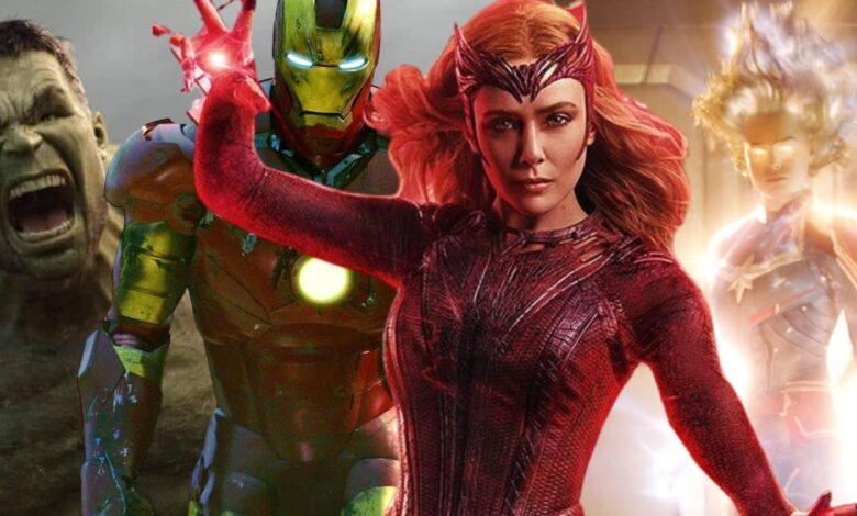 Split Image of Hulk, Iron Man, Scarlet Witch, and Captain Marvel