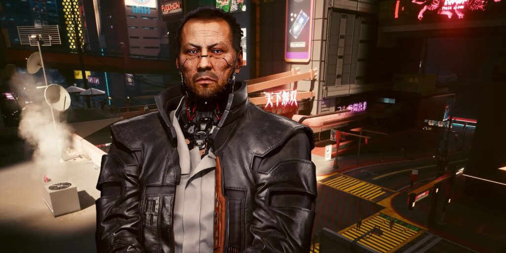 Cyberpunk 2077's Goro Takemura in front of a Night City intersection where the game's Overdrive Mode is used to showcase path traced lighting.