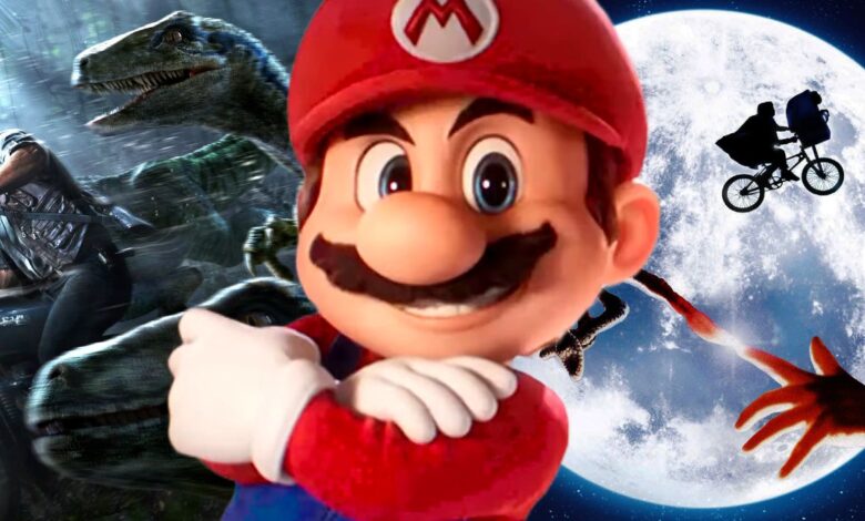 Mario Posing in Front of Jurassic World and ET