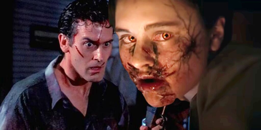 Bruce Campbell in Evil Dead 2 juxtaposed with a possessed child in Evil Dead Rise.