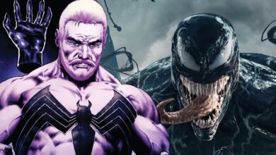 Eddie Brock (Comics) stands next to Venom (Film) with the Venom logo on his chest