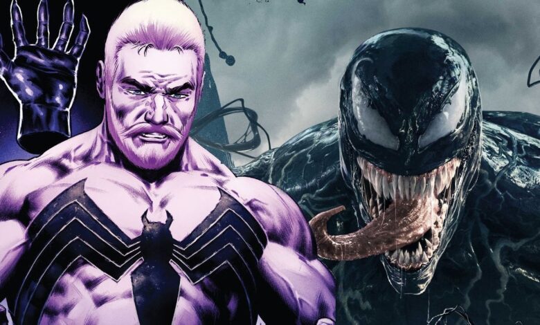 Eddie Brock (Comics) stands next to Venom (Film) with the Venom logo on his chest