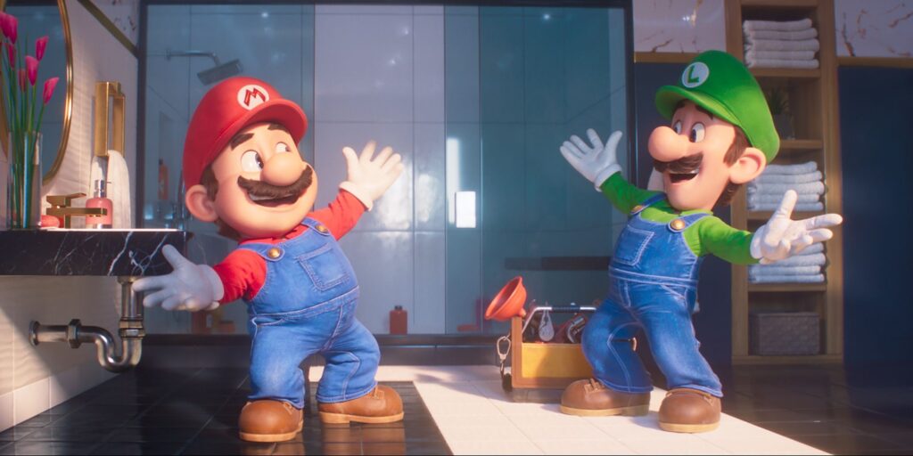 super mario bros. mario luigi looking excited, raising their hands