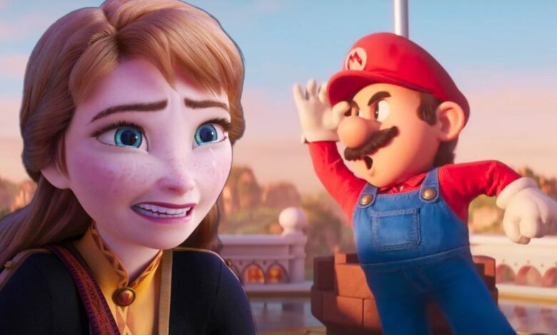 Anna crying in Frozen 2 with Super Mario holding his hat up in Super Mario Bros Movie