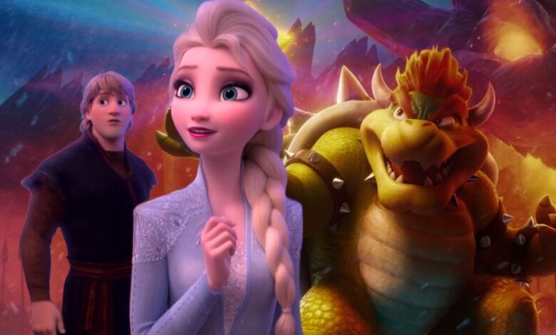 Bowser from the Super Mario Bros Movie Behind Elsa from Frozen II