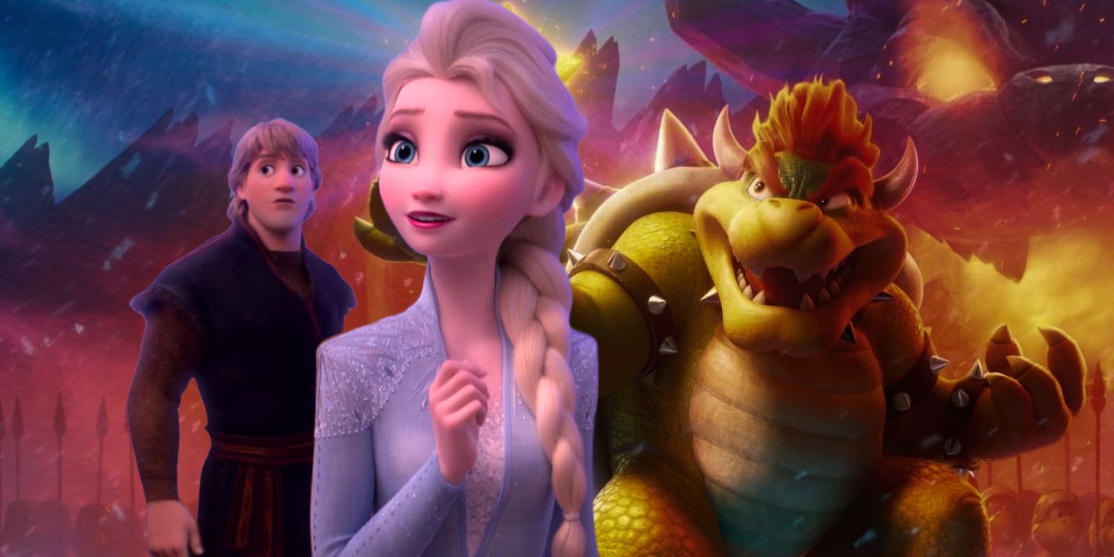 Bowser from the Super Mario Bros Movie Behind Elsa from Frozen II