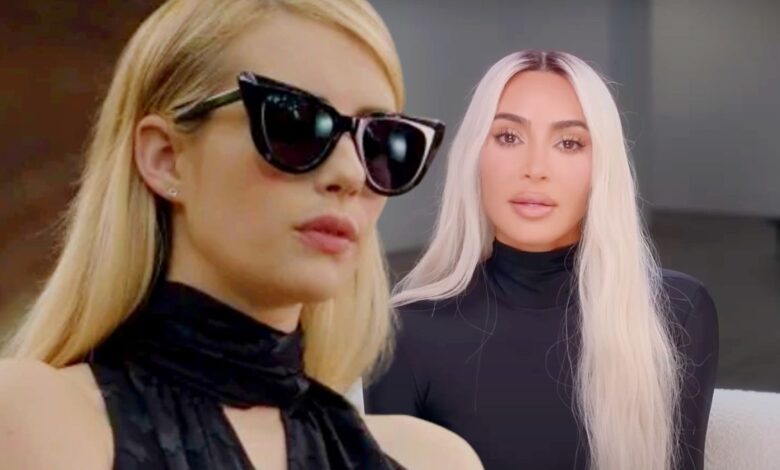 Emma Roberts in American Horror Story juxtaposed with Kim Kardashian.