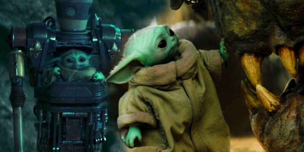 The Mandalorian season 3 Grogu in IG-12 and Grogu petting the rancor.