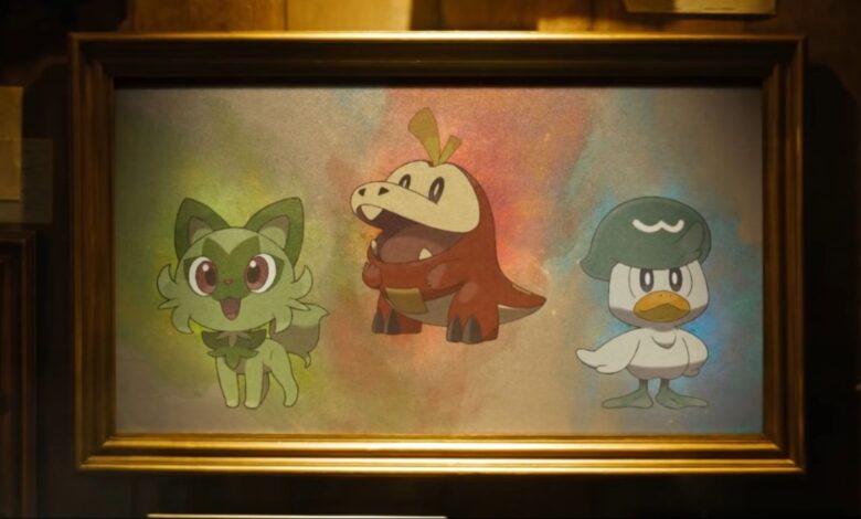 An image of Pokemon Scarlet and Violet's three starter Pokemon in a framed picture.