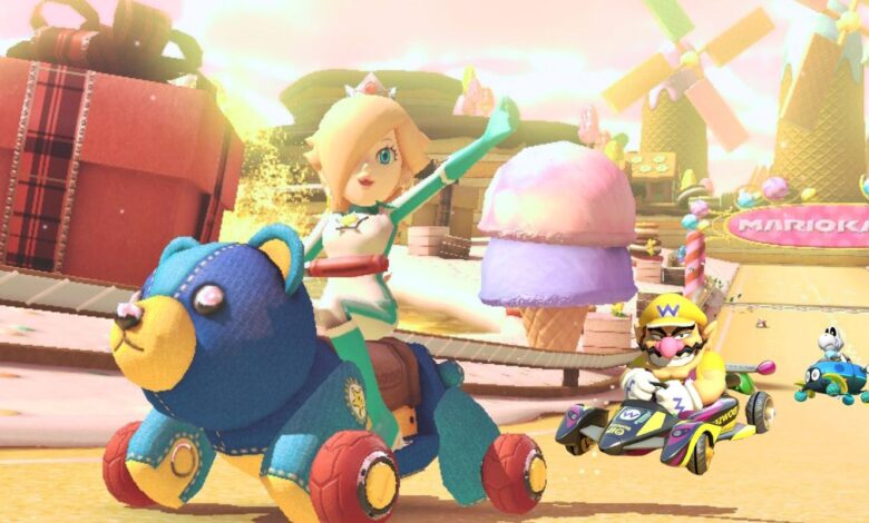 Mario Kart 8 Rosalina, Wario, and Dry Bones racing