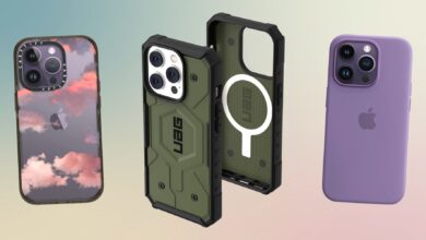 Image of the Casetify case, UAG armor case, and the Apple Silicone MagSafe Case on a gradient background