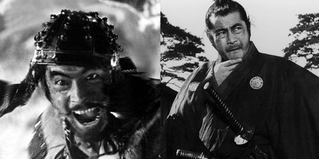 Kikuschiyo goes berserk in Seven Samurai and Yojimbo strikes a pose in Yojimbo