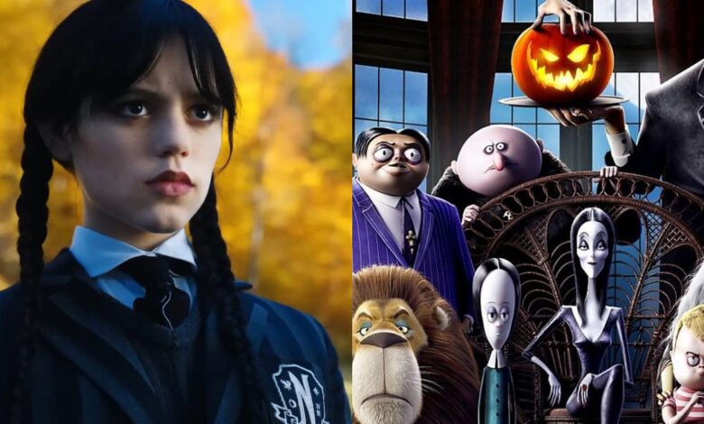 An image of Wednesday in the Netflix series and the Addams Family all sitting together in the animated movies