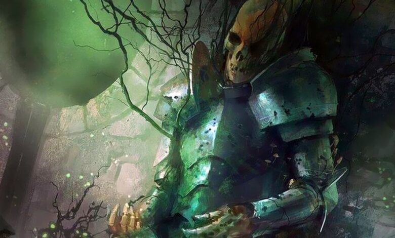 A skeleton in full armor is slumped against a wall with fungus and plant life growing from the corpse.