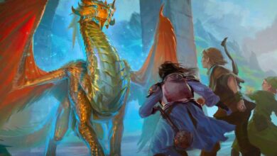 A dragon towers over three adventures who ready themselves for a fight