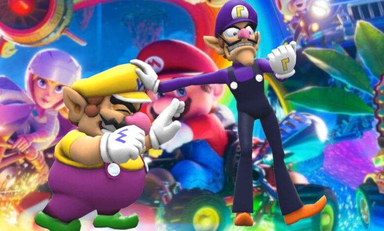 Wario and Waluigi tussle with each other backdropped by Mario and Princess Peach on go-karts.
