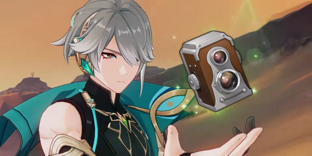 Genshin Impact's Alhaitham stands in the desert extending his hand, while looking at the superimposed image of a Kamera.