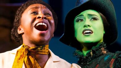 Blended image of cynthia erivo singing and a different elphaba in wicked