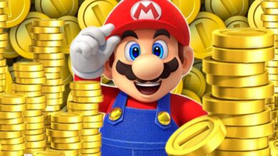 Mario tipping his hat surrounded by stacks of golden coins