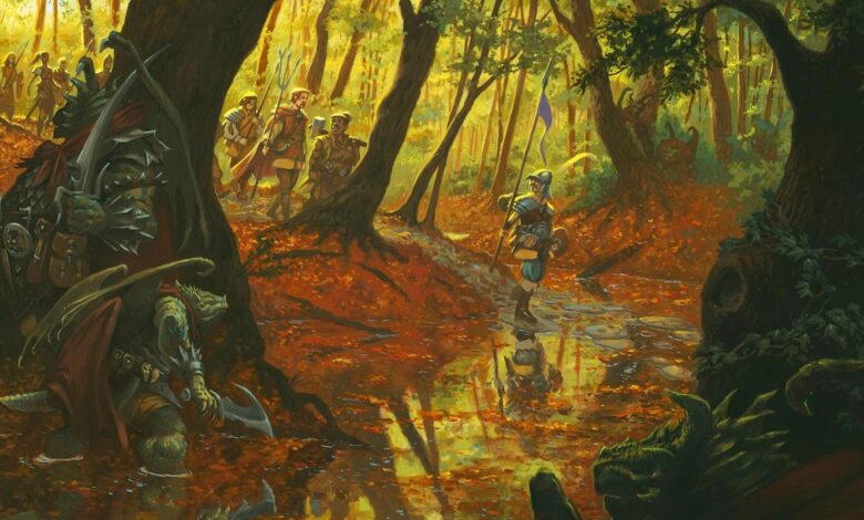 Draconians wait to ambush a group in a swampy Dragonlance area by hiding behind trees.