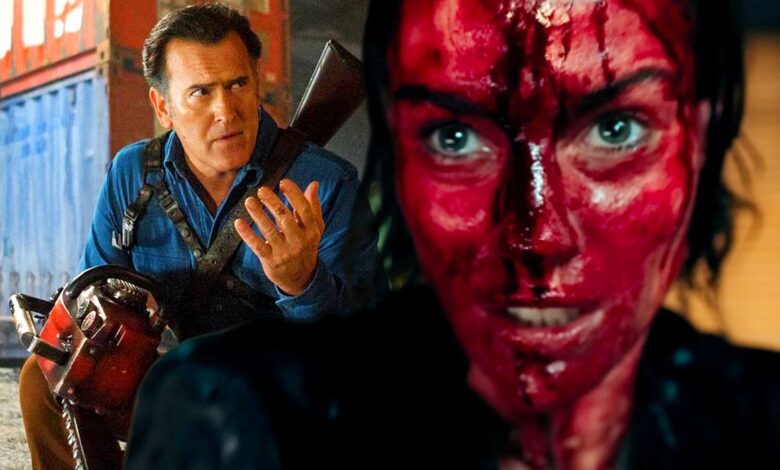 Bruce Campbell as Ash Williams juxtaposed with a bloody woman from Evil Dead Rise.