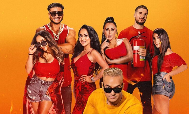 Jersey Shore: Family Vacation Cast wearing bright outfits yellow background