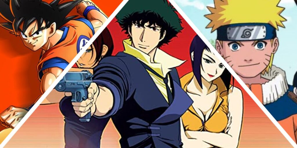 Posters for Cowboy Bebop, Dragon Ball Z, and Naruto.