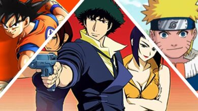 Posters for Cowboy Bebop, Dragon Ball Z, and Naruto.