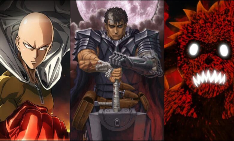 One-Punch Man, Berserk's Guts, and Naruto in Jinchuuriki Form