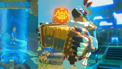 Kass from Breath of the Wild in front of three screenshots spliced together to show Link in and around three Ancient Shrines.