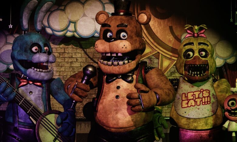 Freddy Bonnie and Chica on stage in Five Nights At Freddy's