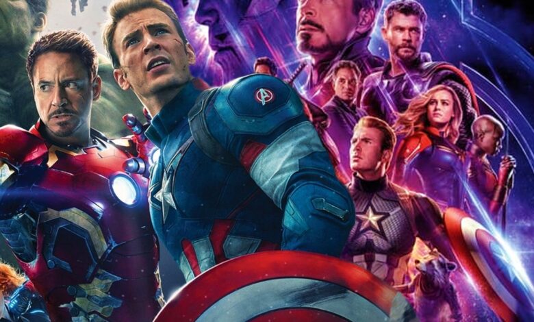 The team from Avengers: Age of Ultron next to the poster for Avengers Endgame