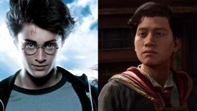 Side-by-side images of Harry Potter and a Gryffindor male protagonist from Hogwarts Legacy.
