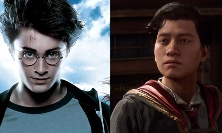Side-by-side images of Harry Potter and a Gryffindor male protagonist from Hogwarts Legacy.