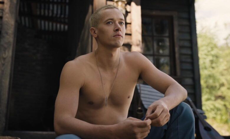 Tom Blyth as Shirtless Young President Snow in The Hunger Games Ballad of Songbirds and Snakes