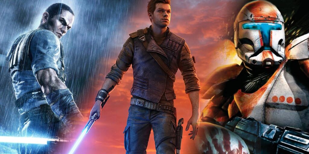 Star Wars characters pictured from left to right: Starkiller, Cal Kestis, and Boss.