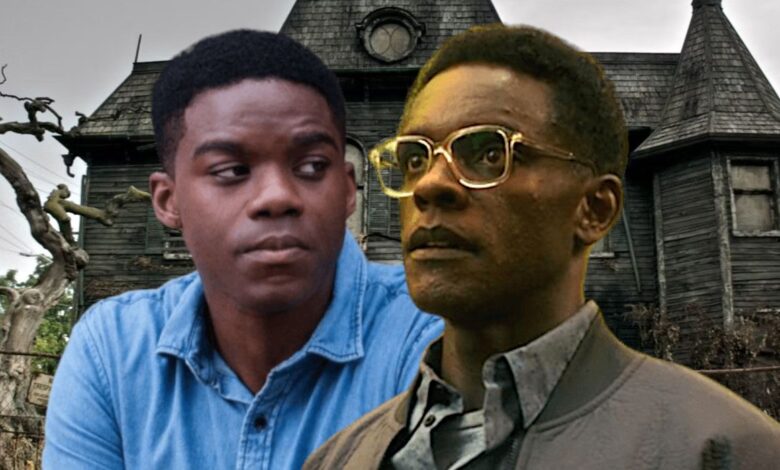 Jovan Adepo in a blue shirt looking pensive alongside Chris Chalk in glasses looking awe-struck, backdropped by a creepy boarded up old crumbling house beside a gnarled old tree