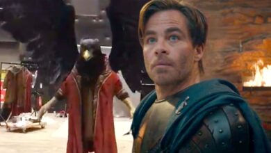 Custom image of Jarnathan behind the scenes and Chris Pine as Edgin in Dungeons & Dragons: Honor Among Thieves.